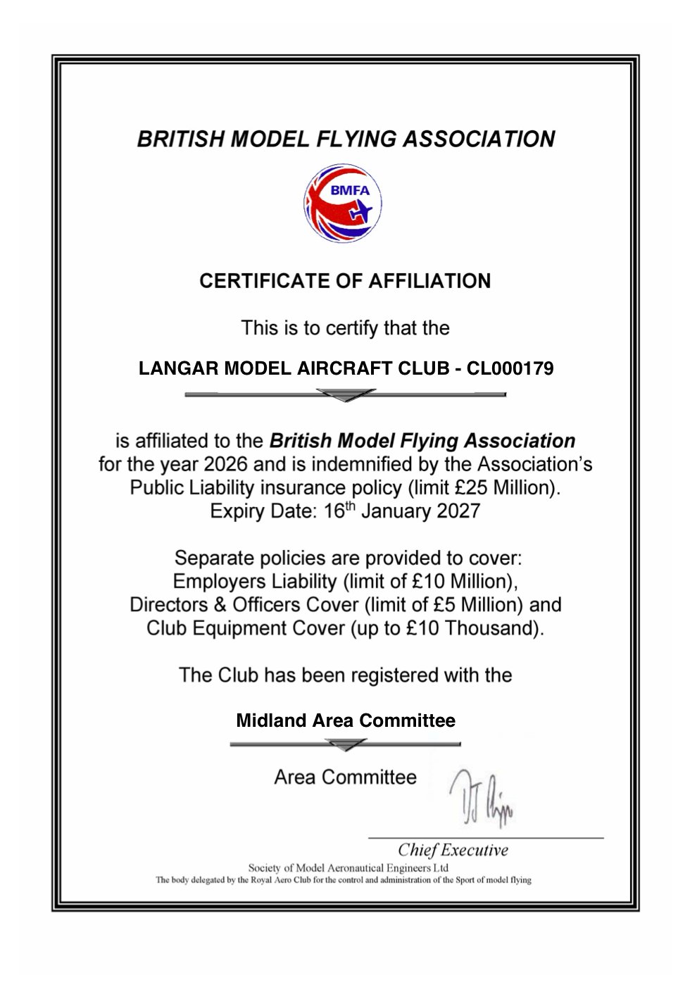 BMFA club affiliation certificate 2026 for Langar Model Aircraft Club